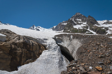 Canvas Print - mountain slopes with snow and ice, Alibek Glacier in Dombay, Karachay-Circassian Rep. Russia