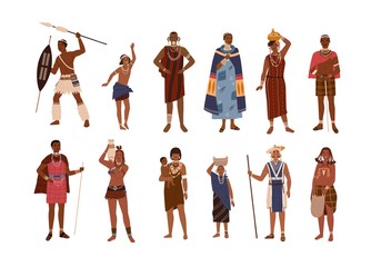 Wall Mural - Collection of aboriginal or indigenous people of Africa dressed in ethnic clothes isolated on white background. Set of men, women and children from African tribes. Flat cartoon vector illustration.