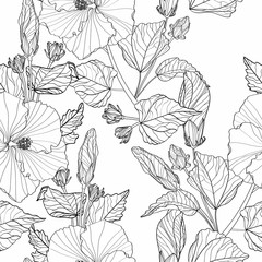 Sticker - Decorative seamless pattern with hand-drawn line black and white Tropical hibiscus flowers and leaves.