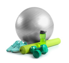 Set Of Sports Equipment With Fitness Ball, Shoes And Bottle Of Water On White Background