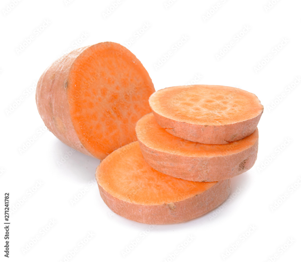 Raw cut sweet potato on white background