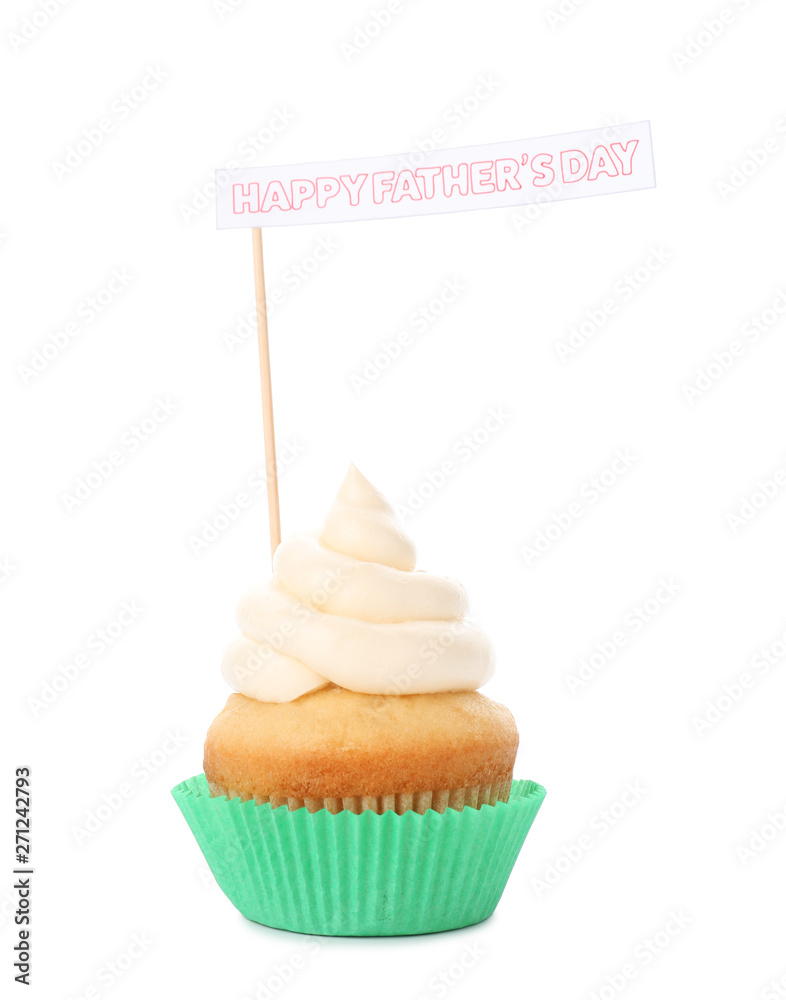 Tasty cupcake for Father's Day on white background
