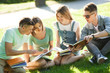 © olenachukhil - Group of students learning a lesson outdoors. Students reading text books or tutorial. Youth studying in the park.