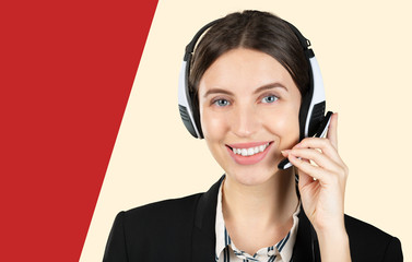 Canvas Print - customer support phone operator in headset, with blank copyspace area for slogan or text message