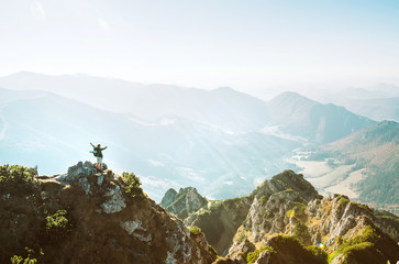 Wall Mural - mountain hiker with backpack tiny figurine stands on mountain peak with beautiful panorama