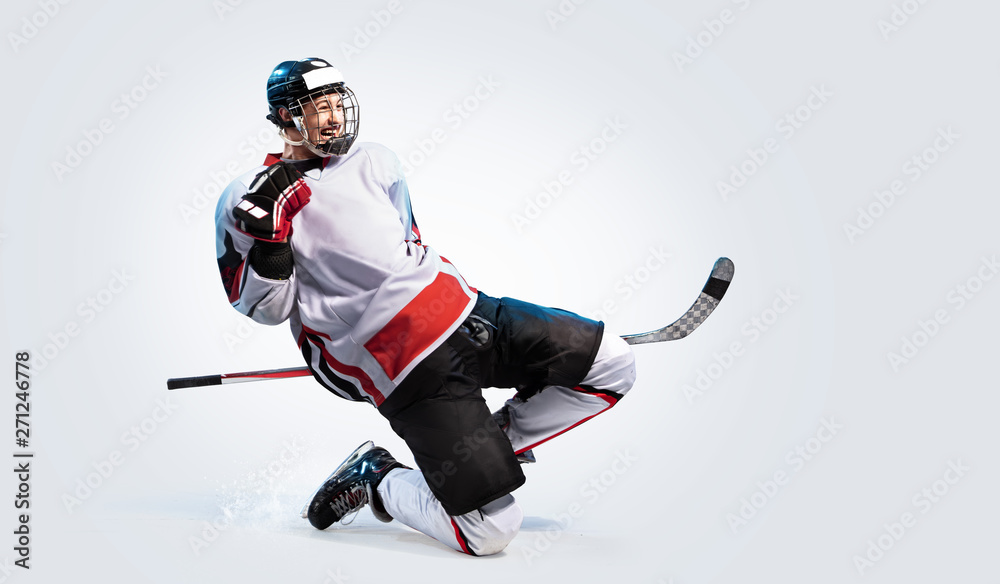Hockey player isolated in white background celebrate win - obrazy, fototapety, plakaty 