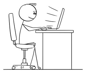 Vector cartoon stick figure drawing conceptual illustration of man or businessman sitting behind desk and typing or working on computer.