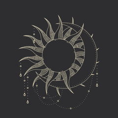 Wall Mural - Vector illustration set of moon phases. Different stages of moonlight activity in vintage engraving style. Zodiac Signs