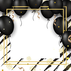 Wall Mural - Black Friday Sale background. Banner with black balloons, confetti, serpentine, golden frame. Party invitations for Birthday, sales, holidays promotions. Vector background.