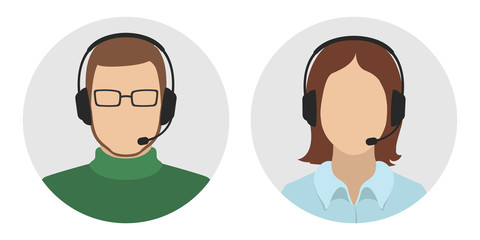 Poster - Technical support officers. Man and woman in headsets. Vector icon.