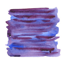 Illustration Watercolor Stain Background On White Background Gradient From Violet To Blue With Drops Of Dark Blue. Purple Blue Stripes