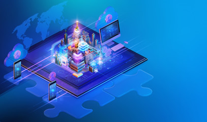 Isometric cross platform internet website interface background design. Web programming, software development strategy business, media data analysis, blockchain, management, consulting concept, ai. 3D