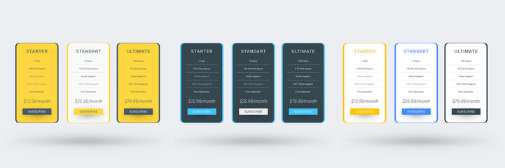 Wall Mural - pricing table color variations. pricing plans template for websites and applications. vector illustr