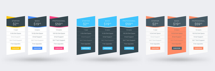 Wall Mural - pricing table color variations. pricing plans template for websites and applications. vector illustr