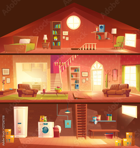Tree Storey House Or Cottage Cross Section Building Cartoon
