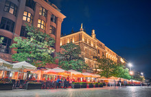 Cafes And Restaurants At Night In Krakow, Poland