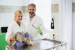 © cherryandbees - senior veterinarian with his younger colleague examining the dog at veterinary clinic