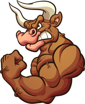 strong brown bull mascot flexing arm clip art. vector illustration with simple gradients. all in a s