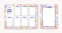 Bundle Of Personal Weekly Planner And To-do-list Templates With Frame Made Of Colorful Smears, Paint Traces, Scribble. Effective Daily Planning And Scheduling. Creative Artistic Vector Illustration.