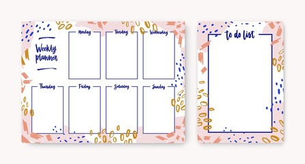 Poster - Bundle of personal weekly planner and to-do-list templates with frame made of colorful smears, paint traces, scribble. Effective daily planning and scheduling. Creative artistic vector illustration.