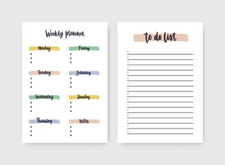 Poster - Set of weekly planner and to-do-list templates with headings highlighted by paint traces. Decorative daily plan, schedule, reminder or timetable. Printable sheet. Stylish vector illustration.