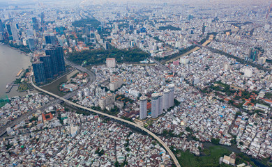 modern cityscape of Ho Chi Minh city at Vietnam take by drone