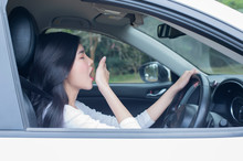 Sleepy Young Lady Yawns While Covering His Mouth. Road Safety Concept. - Image