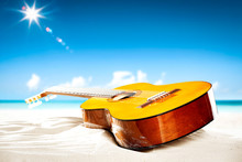 Summer  Guitar On Beach And Ocean Landscape . Free Space For Your Decoration And Sunny Day. 
