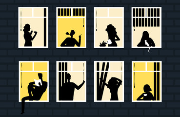 Wall Mural - Brick house with night windows with people silhouettes vector illustraton. House building window, city evening views, living different action