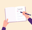 To do list concept. Hands on table writing memo checklist. Complete business plan vector concept. Illustration of checklist reminder in notebook
