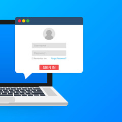 Poster - Sign in to account, user authorization, login authentication page concept. Laptop with login and password form page on screen. Vector stock illustration.
