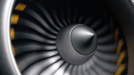Wall Mural - jet engine, close-up view blades. engine blades at the ends painted orange. jet engine blades in mot