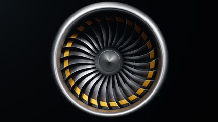 Wall Mural - 3d illustration jet engine, close-up view jet engine blades. isolated on black background jet engine