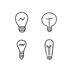 Light bulb doodles set. Hand drawn idea icons. Creativity and innovation concept.