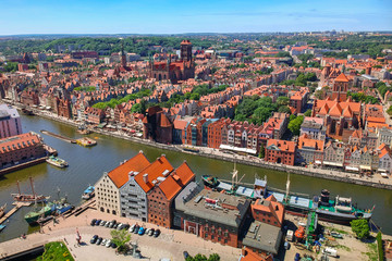 Aerial view of Gdansk old town in summer scenery, Poland