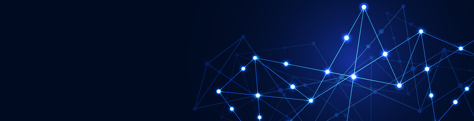 Fototapete - Website header or banner design with abstract geometric background and connecting dots and lines. Global network connection. Digital technology with plexus background and space for your text.