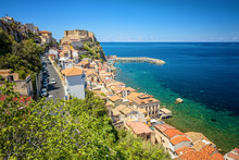 Coastline And Old Castle Of Medieval Town Of Scilla In Calabria, Italy. Famous Italian Summer Holiday Destination