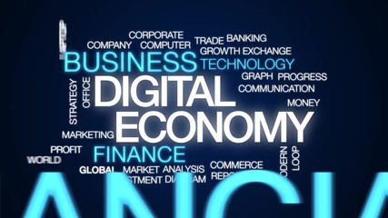 Wall Mural - Digital economy animated word cloud. Kinetic typography.