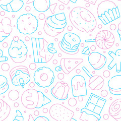 Wall Mural - Desserts pattern. Kids delicious food sweet cakes biscuits jelly ice cream lollipop cupcakes vector seamless background. Illustration of dessert food cake and lollipop, sweet candy and cupcake