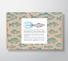 Canvas Print - Fish Pattern Realistic Cardboard Box with Banner. Abstract Vector Packaging Design or Label. Modern Typography, Hand Drawn Herring Silhouette. Craft Paper Background Layout.