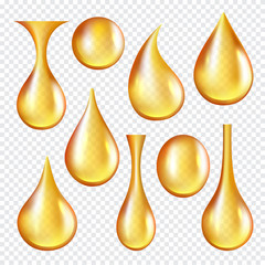 Poster - Oil transparent drops. Yellow liquid golden oil vector realistic collection of splashes. Transparent oil liquid, golden drop realistic isolated illustration