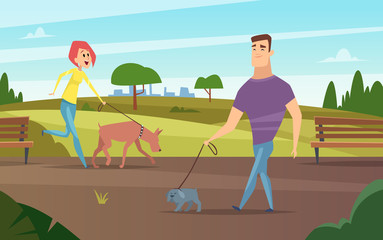 Sticker - Pets walking. Animals happy owners outdoor in park running or cycling with dogs activity vector background. People walk with dogs, pet friendship illustration