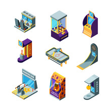 Game Machines. Amusement Park Fun For Kids Arcade Racing Pinball Drive Game Automat Vector Isometric. Recreation Active Pinball And Boxing Controller Illustration
