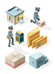 Poster - Postal service. Cargo delivery office postcards envelope postbox mail letters vector isometric illustrations. Mail post and envelope, express truck with parcels