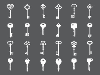 Poster - Key collection. Retro and modern house key silhouettes vector template for logo design. Set of keys white silhouette for safety house illustration