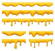 Honey Dripping. Yellow Syrup Liquid Golden Oil Drops And Splashes Vector Realistic Template. Golden Droplet Drip, Flow Syrup, Liquid Melt Illustration