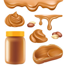 Peanut Butter. Healthy Dessert Chocolate Protein Oily Cream For Sandwich Spread Caramel Food Vector Realistic Pictures. Dessert Sweet Chocolate, Snack 3d Chocolate Butter Swirl Illustration