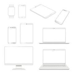 Poster - Realistic gadgets. Monitor smartphone laptop and tablet blank notebook vector mockup computer devices. Illustration of smartphone and tablet, computer and notebook, display of mobile