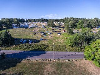 Sticker - Aerial view at Ekeberg camping area at morning. Neighborhood of Oslo city, Norway. Urban campsite the Ekeberg City camp is on hill