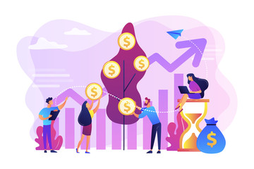 Wall Mural - Money investing, financiers analyzing stock market profit. Portfolio income, capital gains income, royalties from investments concept. Bright vibrant violet vector isolated illustration